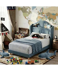 gaomon Twin Bed Frames for Kids, Wingback Velvet Platform with Led Lights, Upholstered Storage Headboard, Wooden Slats Support