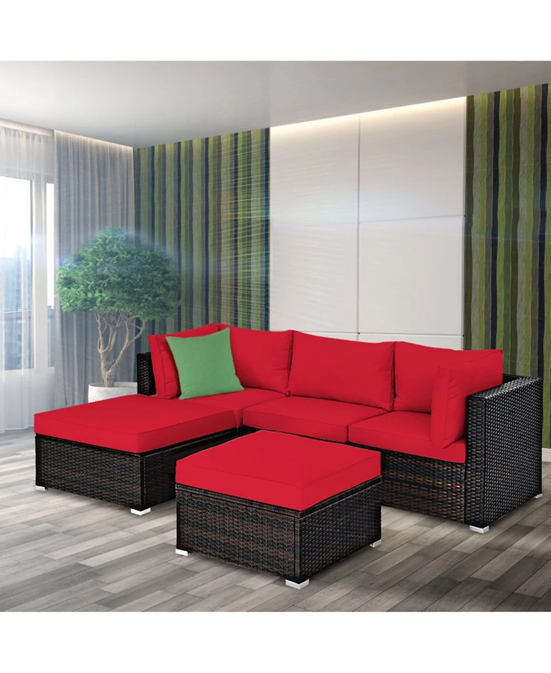 Gymax 5PCS Rattan Patio Conversation Set Outdoor Furniture Set w/ Ottoman Cushion