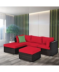 Gymax 5PCS Rattan Patio Conversation Set Outdoor Furniture Set w/ Ottoman Cushion