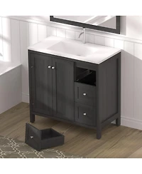 Sillysis 35.4" Munich Black Bathroom Vanity with Basin, Plywood Cabinet with Soft Closing Doors & 3 Drawers Storage for Small Bathrooms