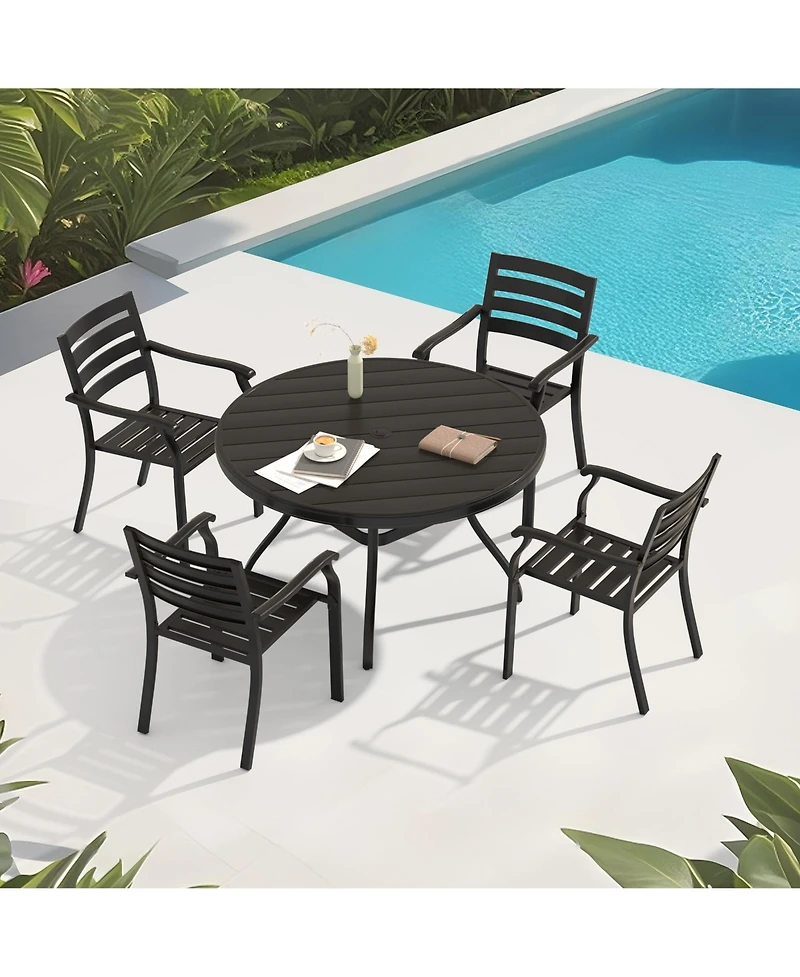 Mondawe 5-Piece Metal Outdoor Patio Dining Set with Stackable Chairs & Umbrella Hole Table