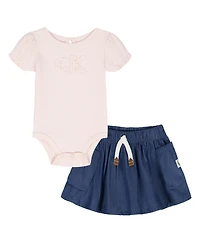 Calvin Klein Baby Girls' Shirred Bodysuit & Flared Denim Skirt, 2-Piece Set