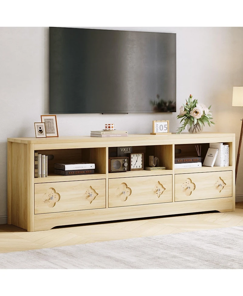 gaomon 70in Tv Stand for TVs Up to 85", Mid Century Modern Entertainment Center with Storage Engraving Drawer and Open Shelves