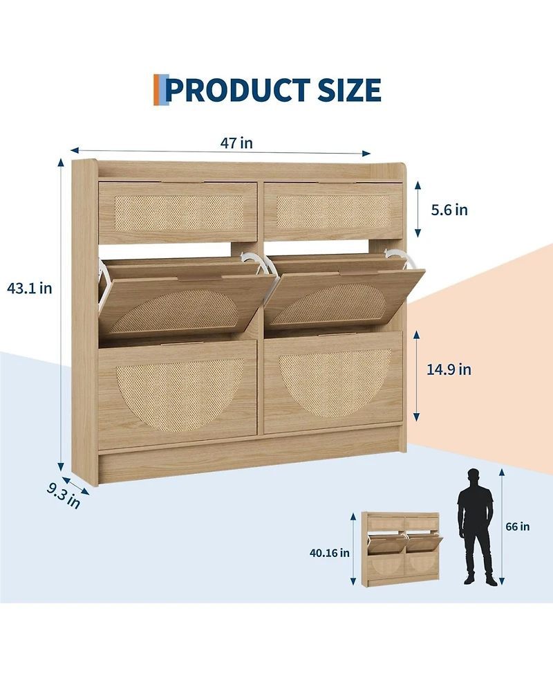 gaomon Rattan Shoe Storage Cabinet with 4 Flip Drawers and 2 Drawers, Freestanding Narrow Shoe Organizer for Entryway