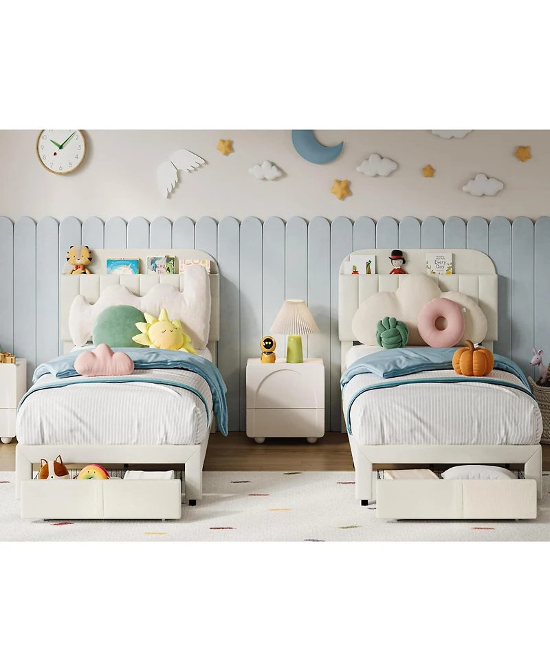 gaomon Twin Bed Frame for Kids, Upholstered Platform with Large Storage Drawer and Bookcase Headboard
