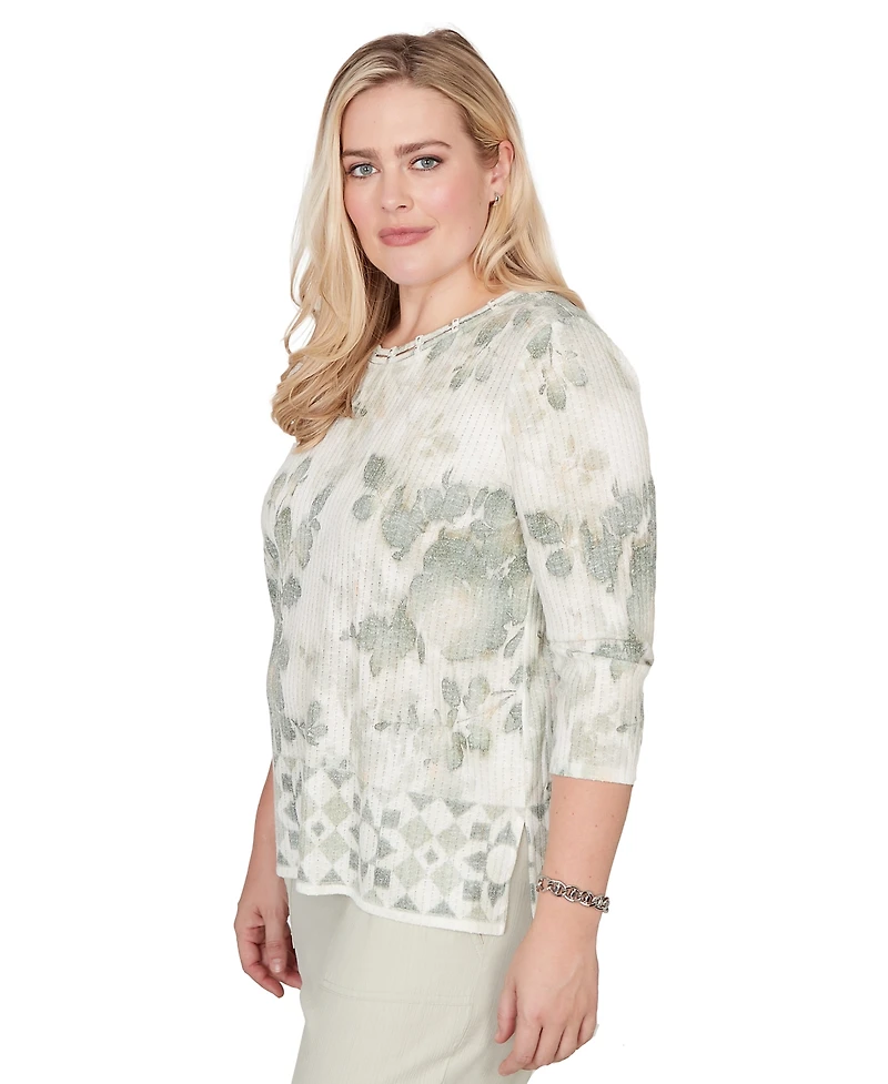 Alfred Dunner Petite Charm Floral Tonal Border Embellished Crew Neck Top