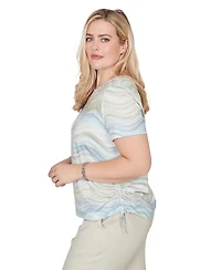 Alfred Dunner Petite Wavy Biadere Side-Tie Crew Neck Ruched Top