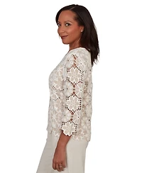 Alfred Dunner Petite Floral Crochet 3/4-Length-Sleeve Top