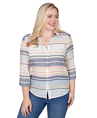 Alfred Dunner Petite Stripe Button-Front Collared Top