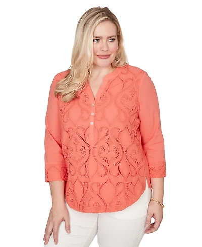 Alfred Dunner Petite Resort Living Textured Lace Scroll Split Neck Henley Top