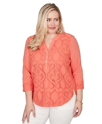 Alfred Dunner Petite Resort Living Textured Lace Scroll Split Neck Henley Top