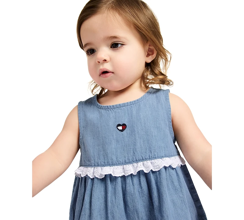 Tommy Hilfiger Baby Girls' Pom-pom Trim Denim A-line Dress and Diaper Cover, 2-Piece Set
