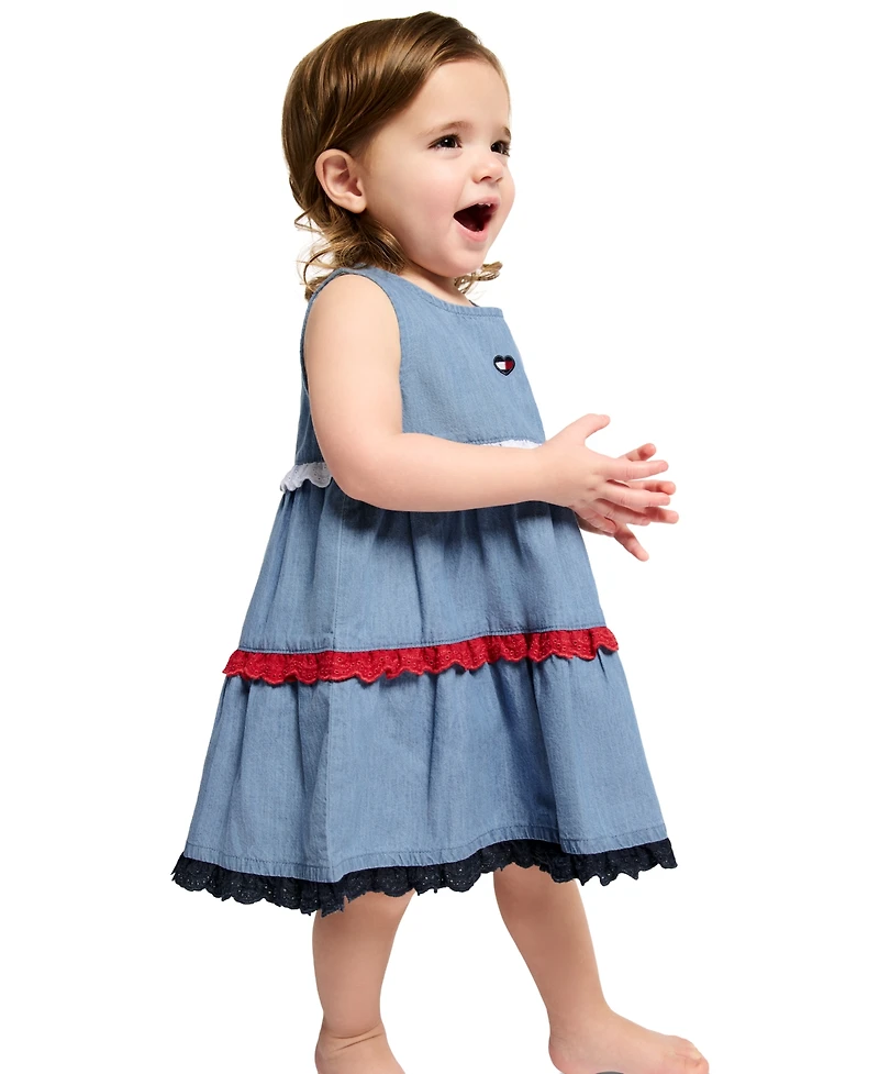 Tommy Hilfiger Baby Girls' Pom-pom Trim Denim A-line Dress and Diaper Cover, 2-Piece Set