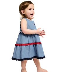 Tommy Hilfiger Baby Girls' Pom-pom Trim Denim A-line Dress and Diaper Cover, 2-Piece Set