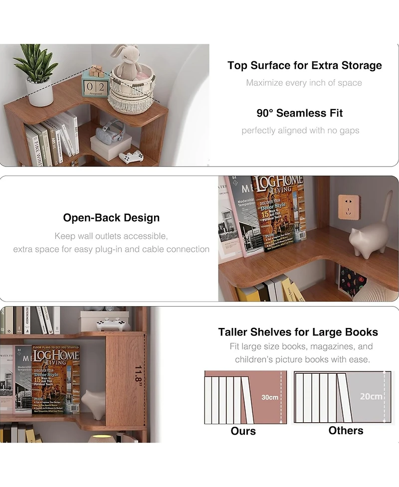 Rainsken 5 Tier L-Shaped Corner Bookshelf, Wooden Open Display Shelves and Storage Rack with Anti-Drop Panels for Living Room, Home Office