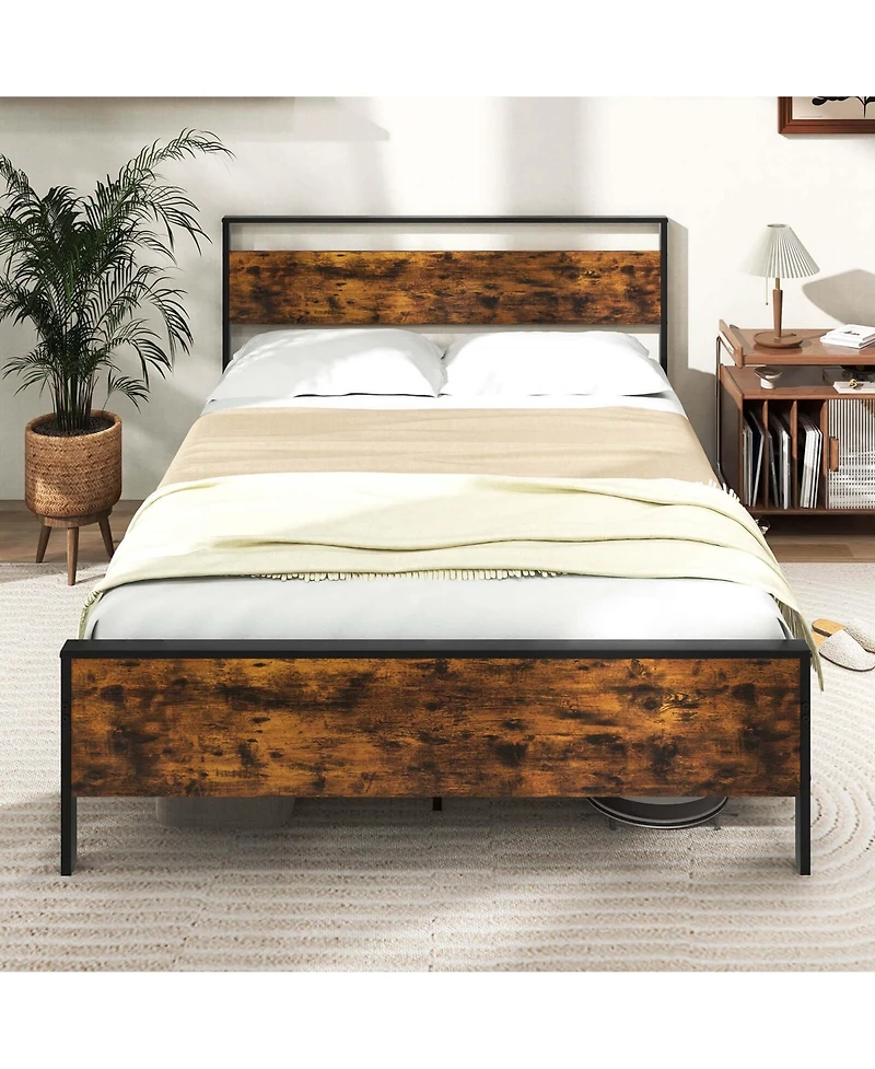 Queen Size Bed Frame with Wooden Headboard and Footboard Under-Bed Storage
