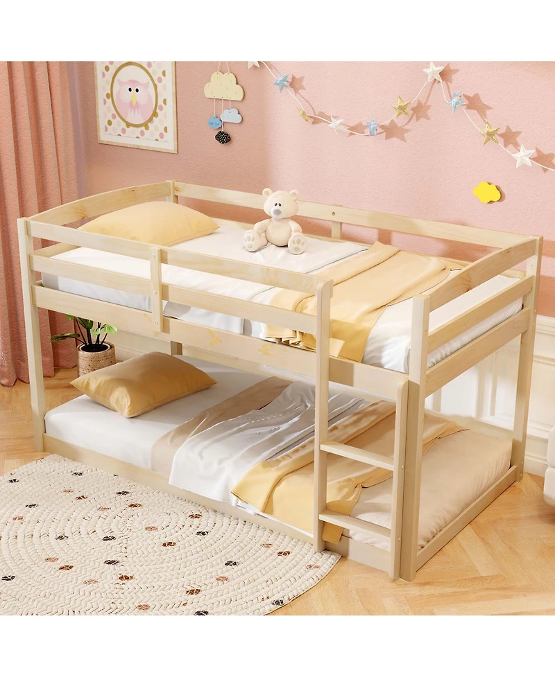 Costway Twin over Low Bunk Bed with Guardrails Integrated Ladder Kids Wooden
