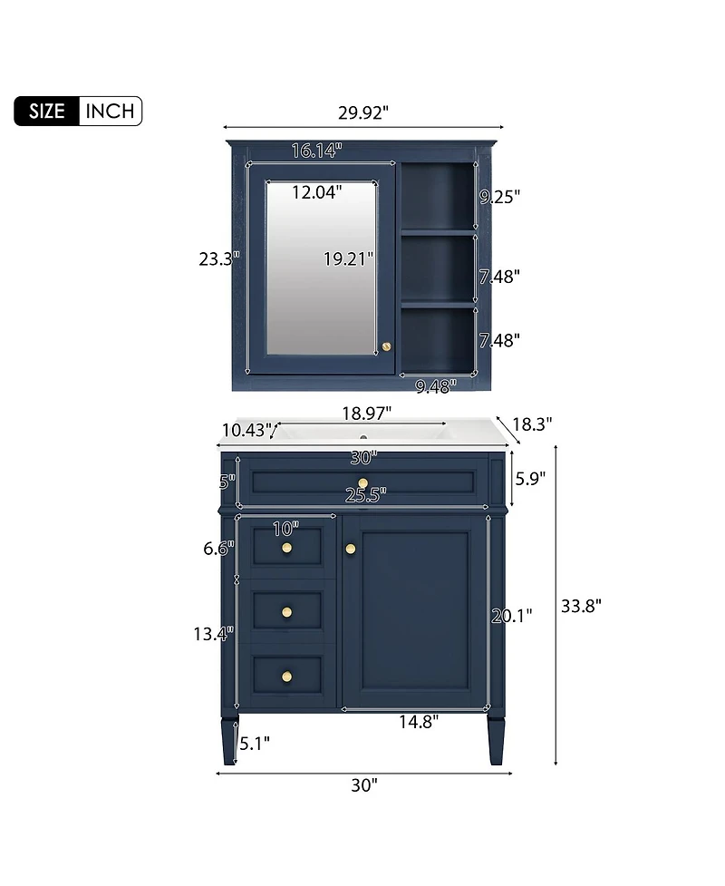 Sillysis 30'' Bathroom Vanity Set with Mirror Cabinet, Solid Wood & Mdf, Soft Close Drawers, Ample Storage for Modern Bathrooms