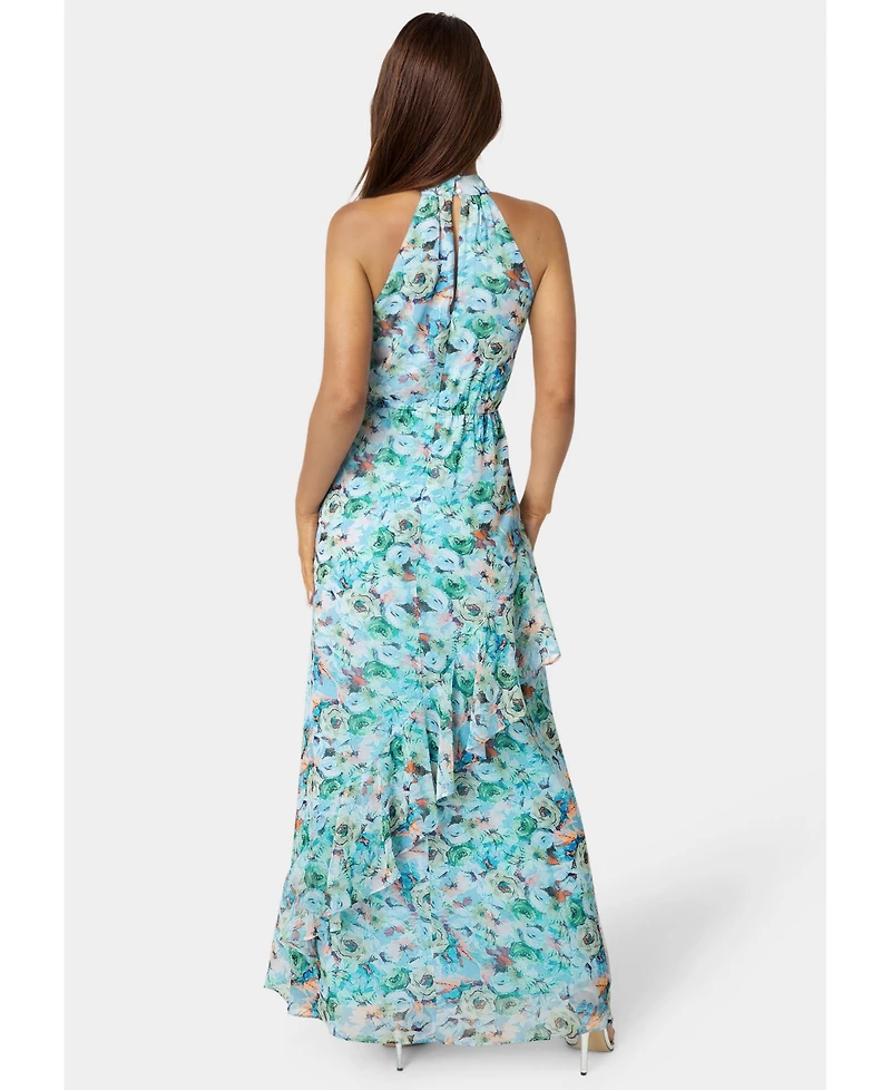 Bebe Womens Printed Chiffon Halter Ruffle Dress