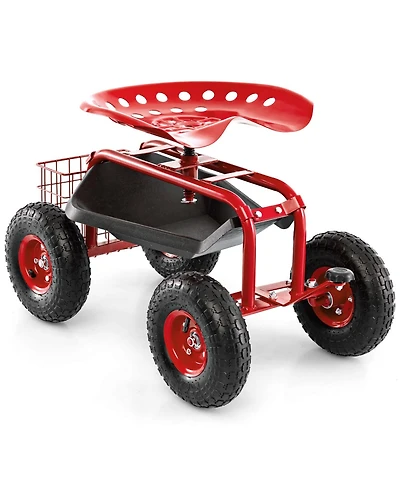 Garden Cart Rolling Work Seat w/ Tool Tray Basket