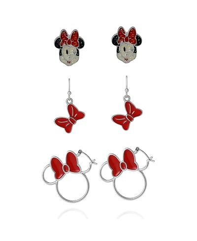 Disney Minnie Mouse Bow Earring Set, 3 Pairs (Hoops, Drops & Studs), Silver Tone