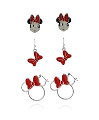Disney Minnie Mouse Bow Earring Set, 3 Pairs (Hoops, Drops & Studs), Silver Tone
