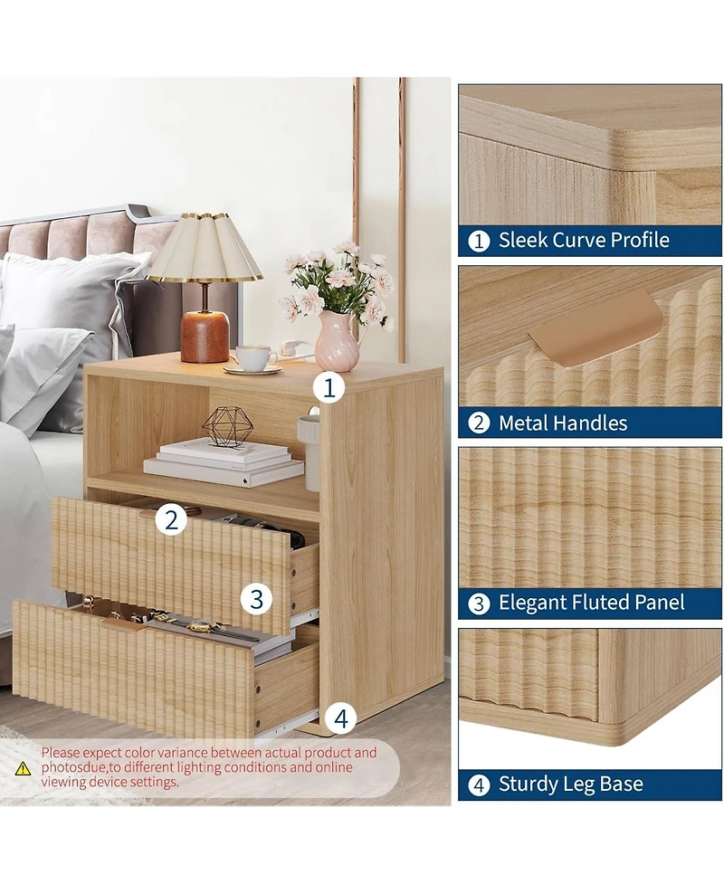 gaomon 23" Wooden Fluted Nightstand with Charging Station and 2 Drawers