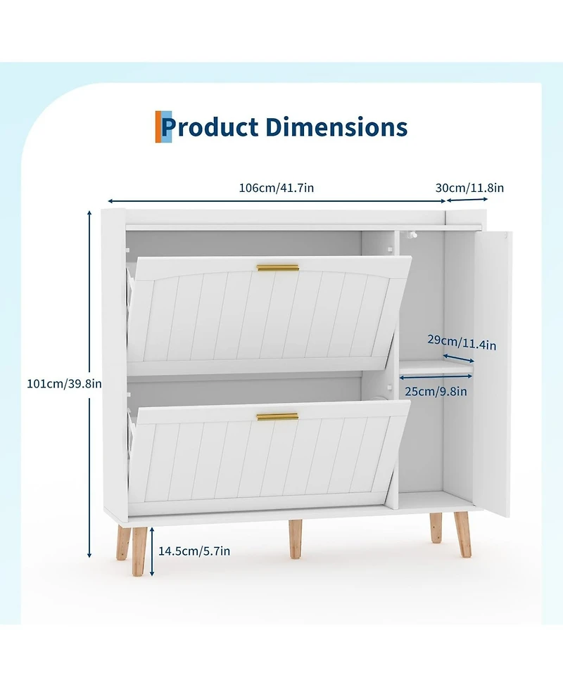 gaomon White Wooden Shoe Cabinet with Mirror 2 Flip Drawers and Side Storage Cabinet Freestanding Modern Shoe Storage with Adjustable shelves