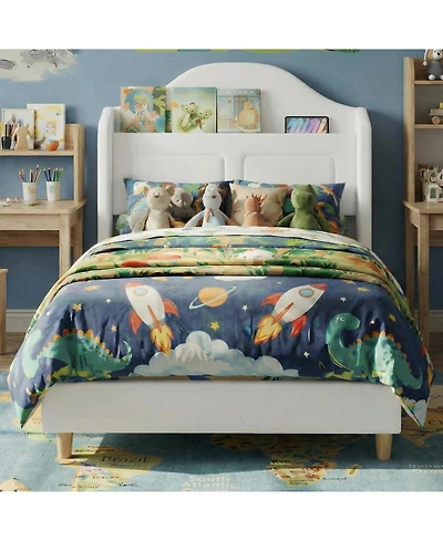 gaomon Twin Bed Frames for Kids, Wingback Velvet Platform with Led Lights, Upholstered Storage Headboard, Wooden Slats Support