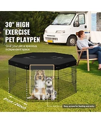Cozito 8-Panel 30" Foldable Metal Dog Playpen with Door and Top Cover for Indoor Outdoor Use