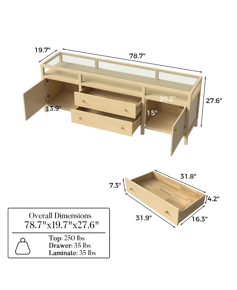 Homsee Solid Wood Sideboard With Tempered Glass Top, Pre-Assembled Cabinet , Tv Stand ,Created for Macy's
