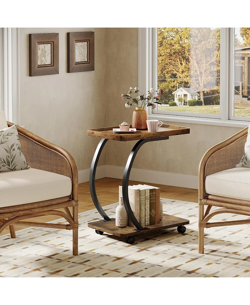Tribesigns C-Shaped End Table, Industrial 2-Tier Small Side Table with Wheels, Wood Bedside Snack Couch Table with Metal Frame.