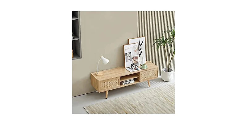 gaomon 55.12" Rattan Tv Cabinet, Double Sliding Doors for Storage, Adjustable Shelf, Solid Wood Legs,Tv Console for Living Room