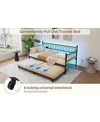 gaomon Twin Size Metal Daybed with Trundle Sofa Bed Frame Charging Station Led Lights Perfect for Living Room Guest Room Apartment