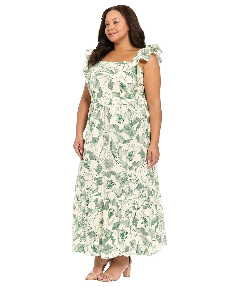 London Times Plus Printed Square Neck Maxi Dress