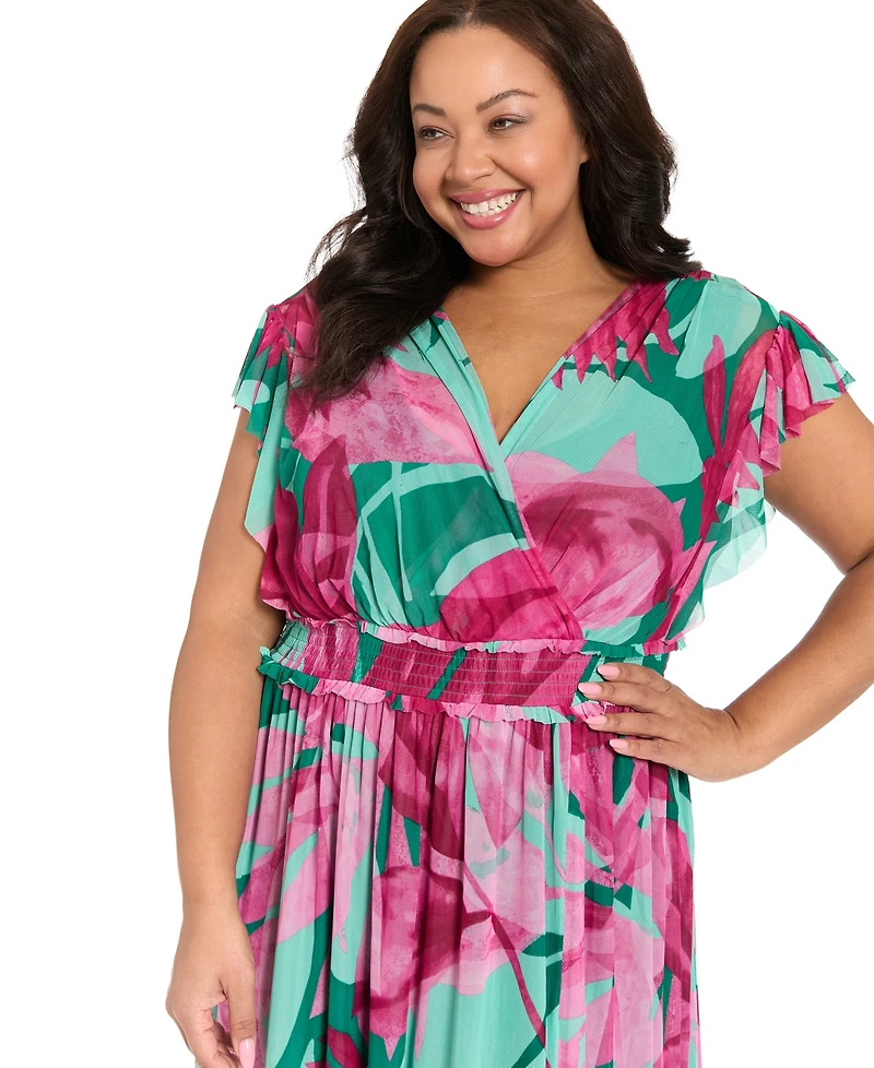 London Times Plus Flutter-Sleeve Surplice V-Neck Mesh Maxi dress
