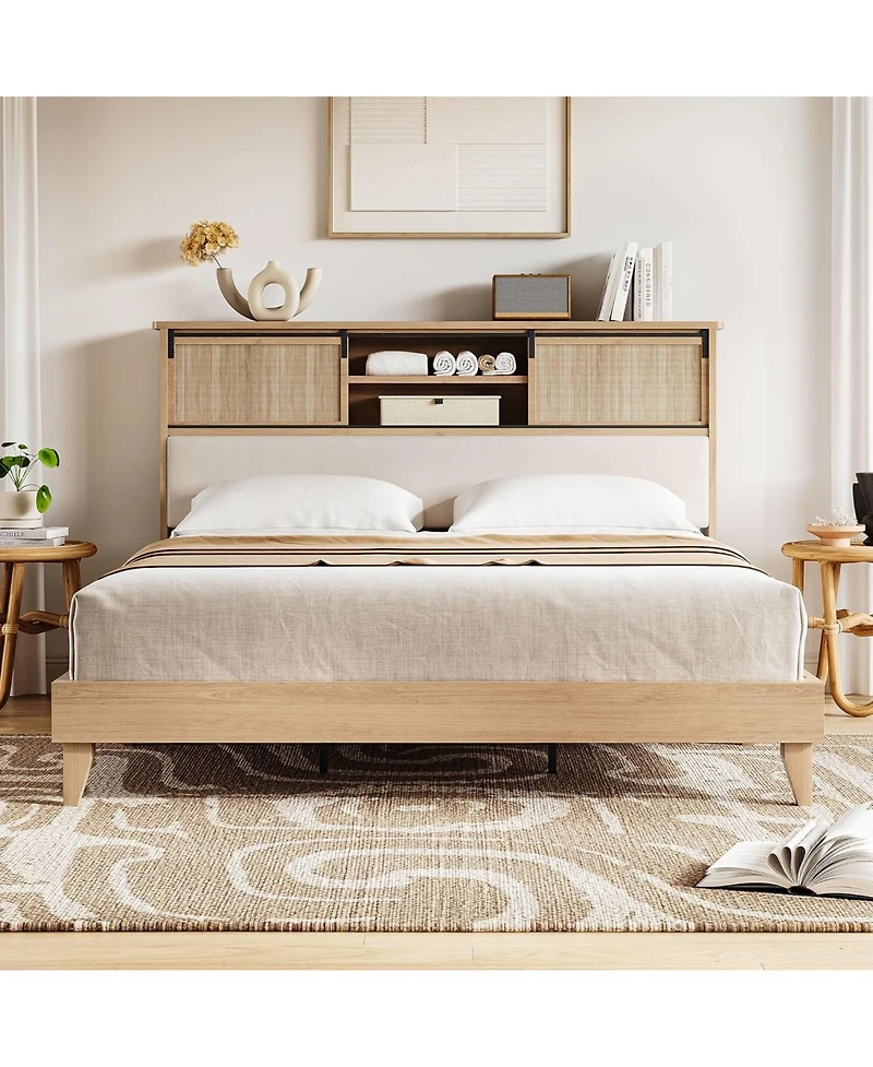 gaomon Rattan Bed Frame with Sliding Door Shelf Headboard, Bohemian Rattan Bed Frame Size with Shelves, Solid Wood Foundation with Silent Slats