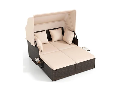 Slickblue Outdoor Rattan Daybed with Canopy Shade and Side Table Storage