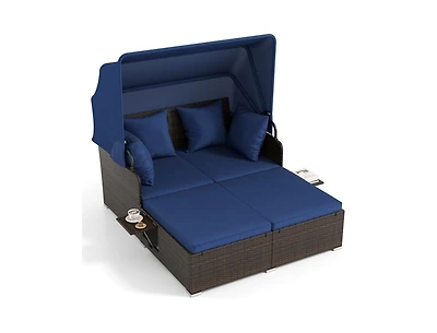 Slickblue Outdoor Rattan Daybed with Canopy Shade and Side Table Storage