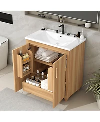 Sillysis 30" Bathroom Vanity with Ceramic Sink, Natural Solid Wood & Mdf Cabinet, Adjustable Shelf, Drawer Storage for Modern Bathrooms-Sillysis