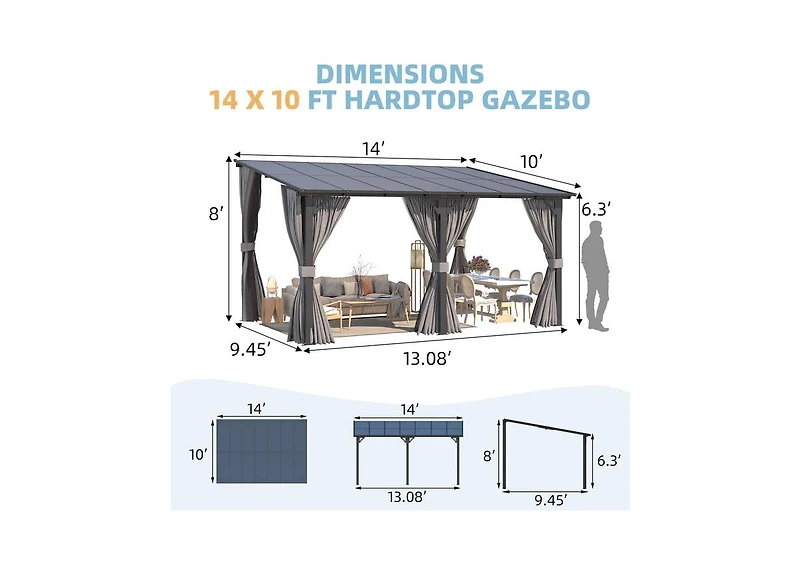 Aecojoy 14'x10' Wall Gazebo with Curtains and Mosquito Netting