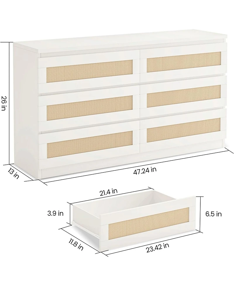 gaomon Rattan Dresser for Bedroom, Modern 6 Drawer Double Wide Wood Chest of Drawers Living Room, Hallway