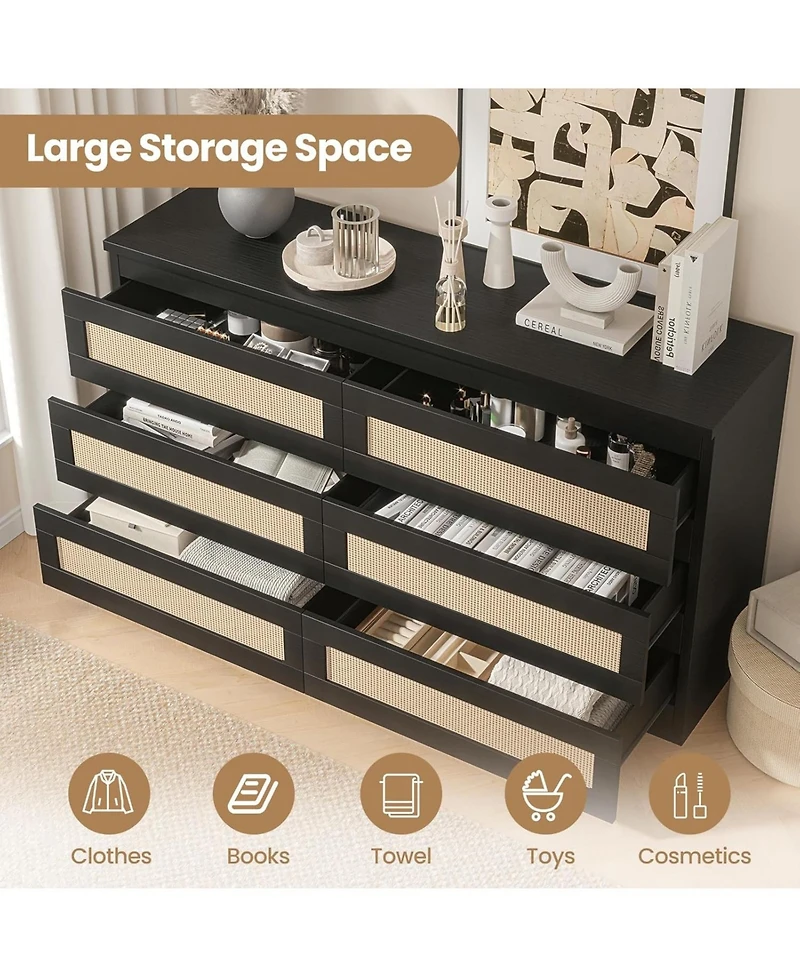 gaomon Rattan Dresser for Bedroom, Modern 6 Drawer Double Wide Wood Chest of Drawers Living Room, Hallway