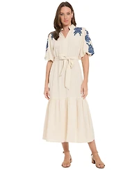 London Times Women's Ruffle Neck Bubble Embroidered-Sleeve Tiered Maxi Dress