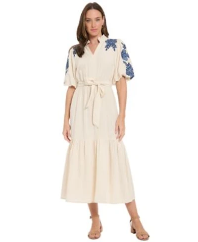 London Times Womens Ruffle Neck Bubble Embroidered Sleeve Tiered Maxi Dress