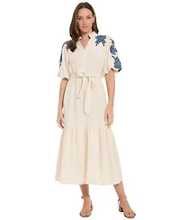 London Times Womens Ruffle Neck Bubble Embroidered Sleeve Tiered Maxi Dress