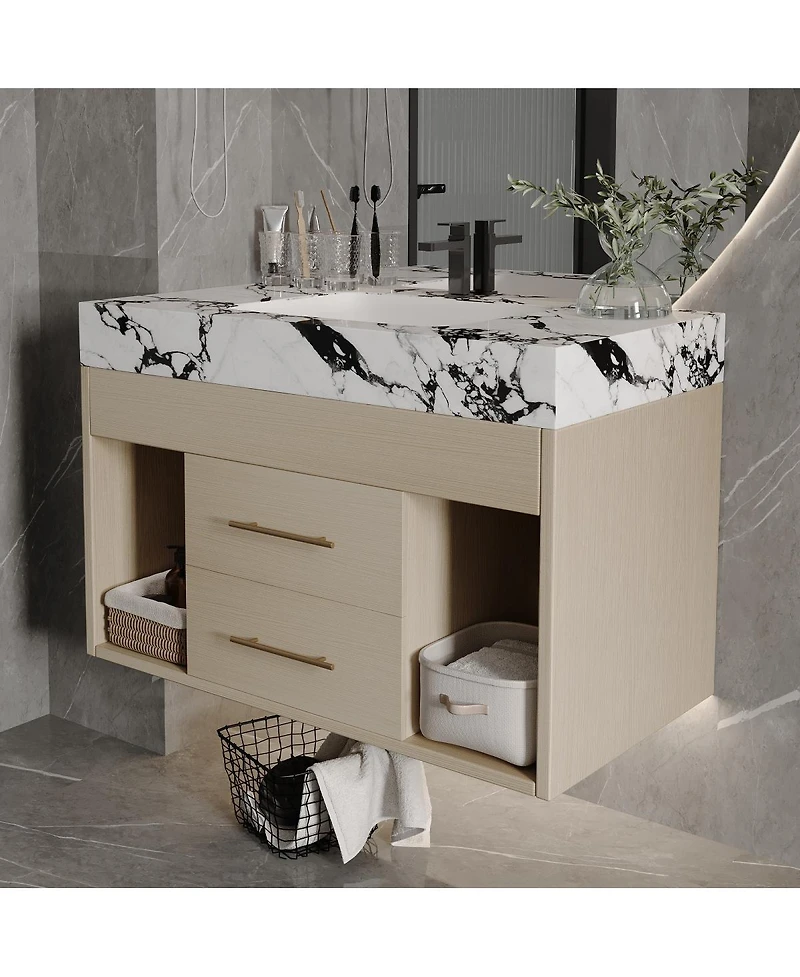 Sillysis 29.9" Floating Bathroom Vanity with Ceramic Sink, Sintered Stone Top, 2 Soft Close Drawers, Wall Mounted for Small Bathrooms