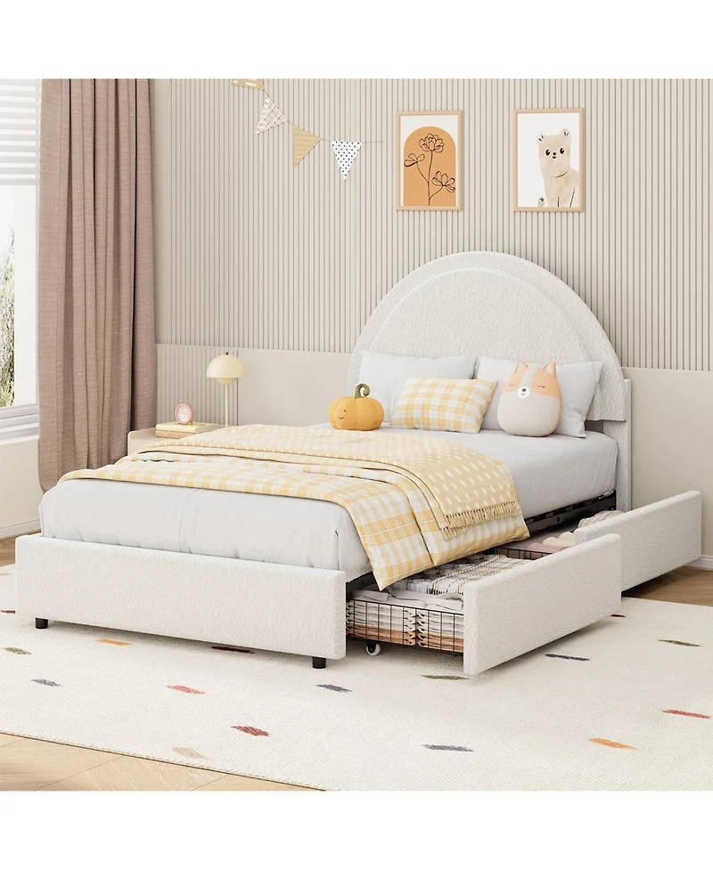 gaomon Size Bed Frame with Storage Drawers, Upholstered Boucle Platform Bed with Round Headboard, Heavy Duty & Noise Free