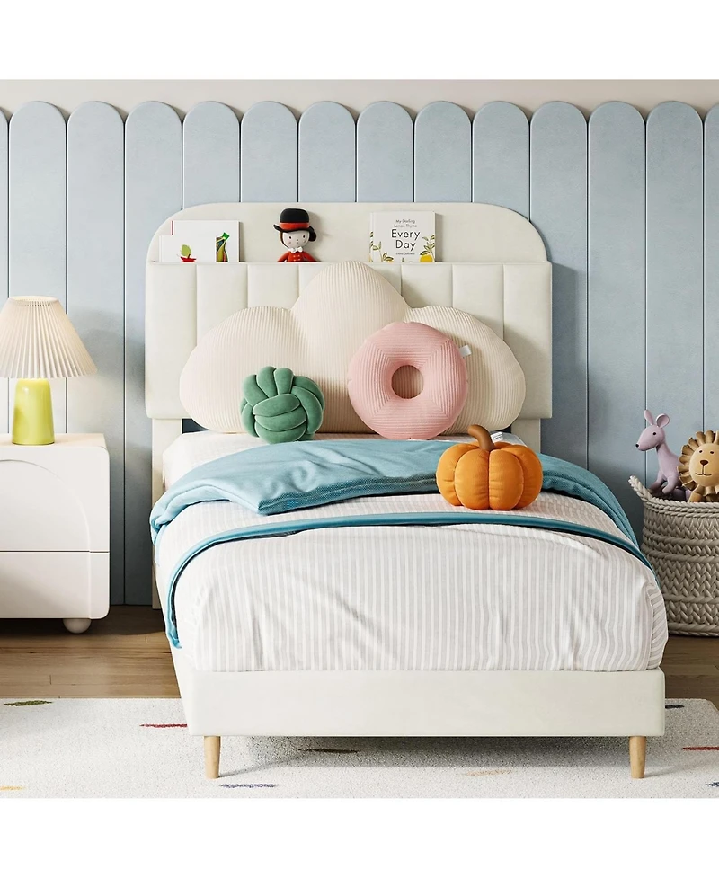 gaomon Upholstered Platform Bed Frame with Bookcase Headboard, Velvet Mattress Foundation,Heavy Duty Steel Support Legs.