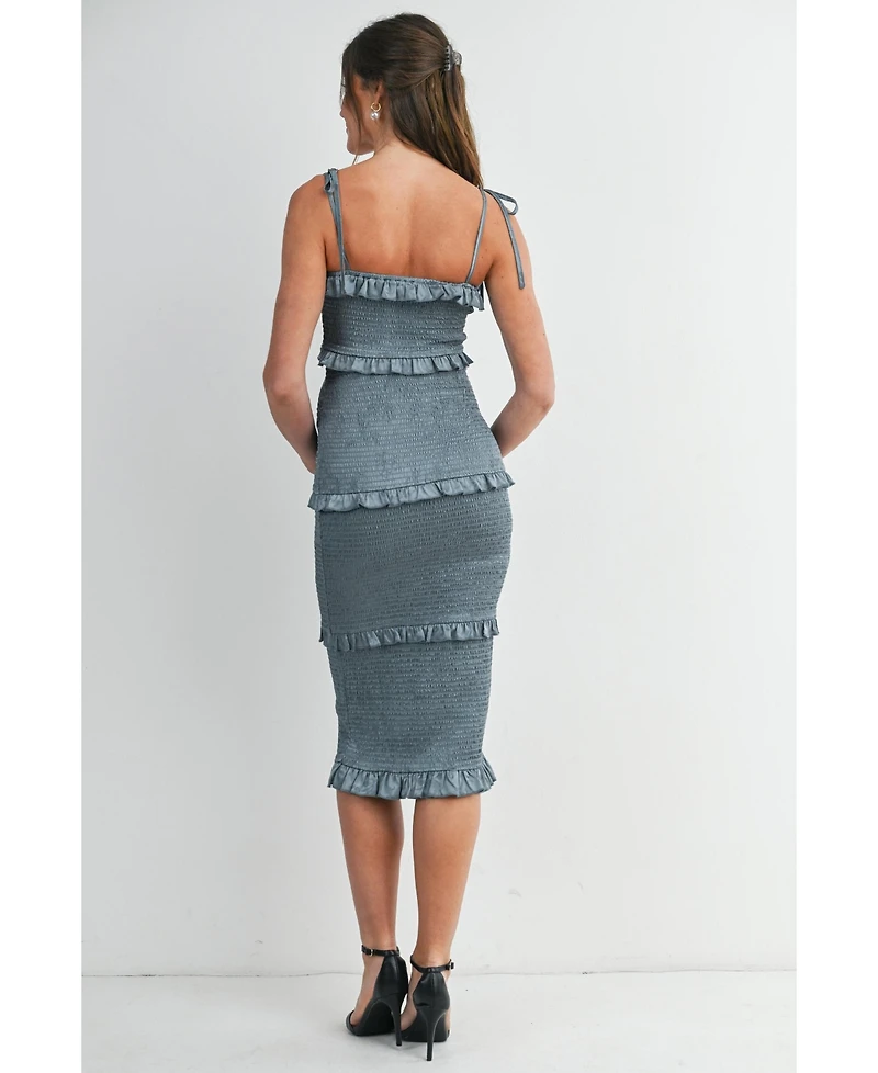 Hello Miz Maternity Smocked Bodycon Midi Dress with Ruffle Trim and Tie Straps